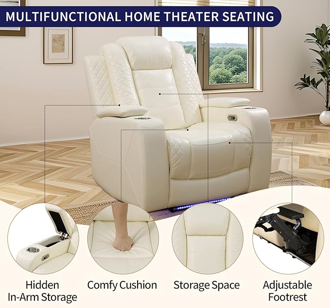 Caberryne Power Recliner Chair with LED Lights,Leather Reclining Couch with Storage Console/Arm Cup Holder for House/Home Theater/Small Space/Rv(Single Chair,Creamy)
