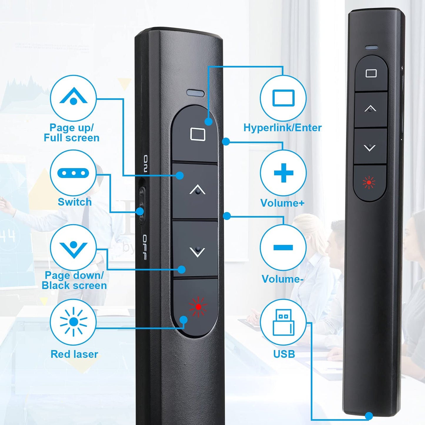 (2 Units) Wireless Presenter Remote, Presentation Clicker With Hyperlink & Volume Remote Control Powerpoint Office Presentation