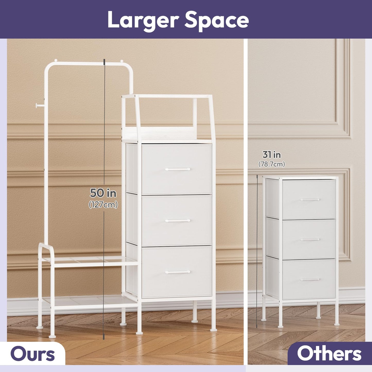 SWTYMIKI Dresser with Hanging Rack - 3 Fabric Drawers Dresser for Bedroom - Reversible Tall Storage Tower, Small Space Clothes Storage Organizer Cabinet for Apartment, Dorm 49.21''H, White