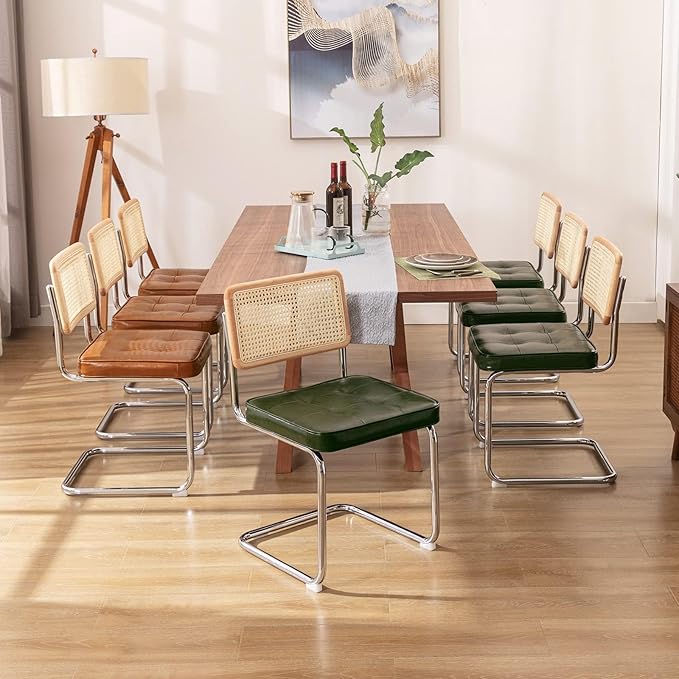 Zesthouse Natural Rattan Dining Chairs Set of 2, Modern Dining Room Chairs with Solid Wood Back for Kitchen Living Room, Mid Century Breuer Design Inspired, Upholstered Faux Leather Green