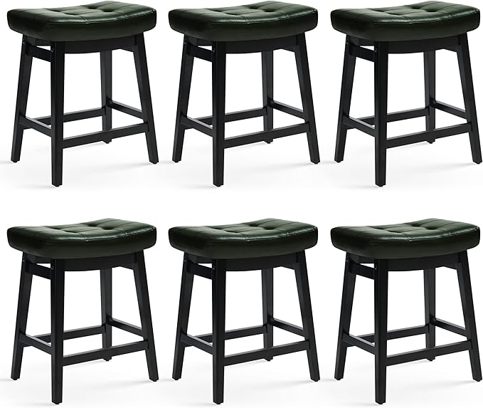 RNKSFX Counter Height Bar Stools Set of 6 for Kitchen Counter Farmhouse Modern Barstools with Faux Leather Upholstered Backless Seat and Solid Wood Legs 24 inch Bar Chairs, Green + Black