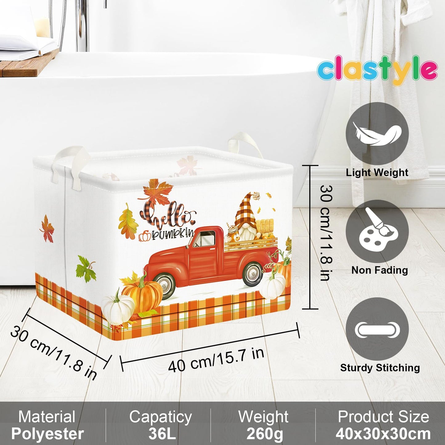 Clastyle Pumpkin Gift Basket Empty Rectangular Foldable Clothes Toy Storage Bin Large Gnome Truck Book Shelf Basket Orange Bull Plaid Harvest Basket