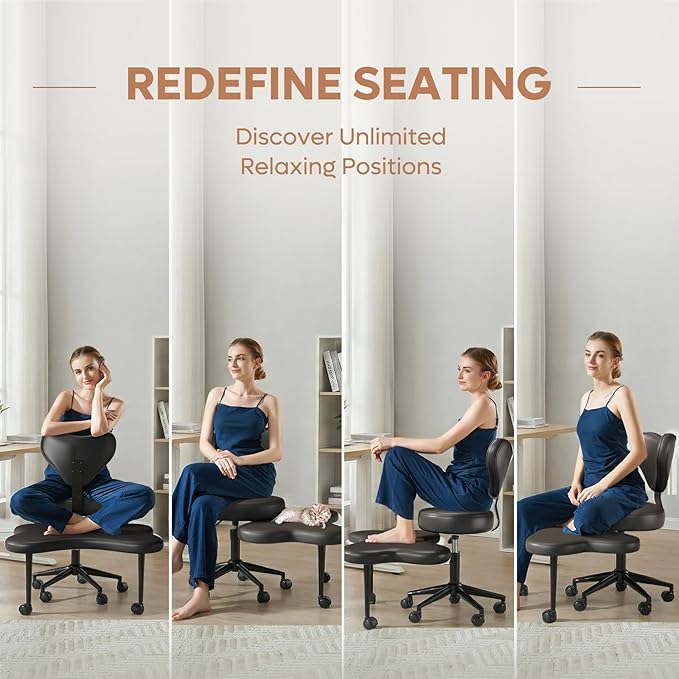 Nost & Host Cross Legged Office Chair with Wheels, 4INCH ADHD Chair for Adults, Meditation Chair, Height Adjustable Seat, Yoga Chair, PU Leather, Black
