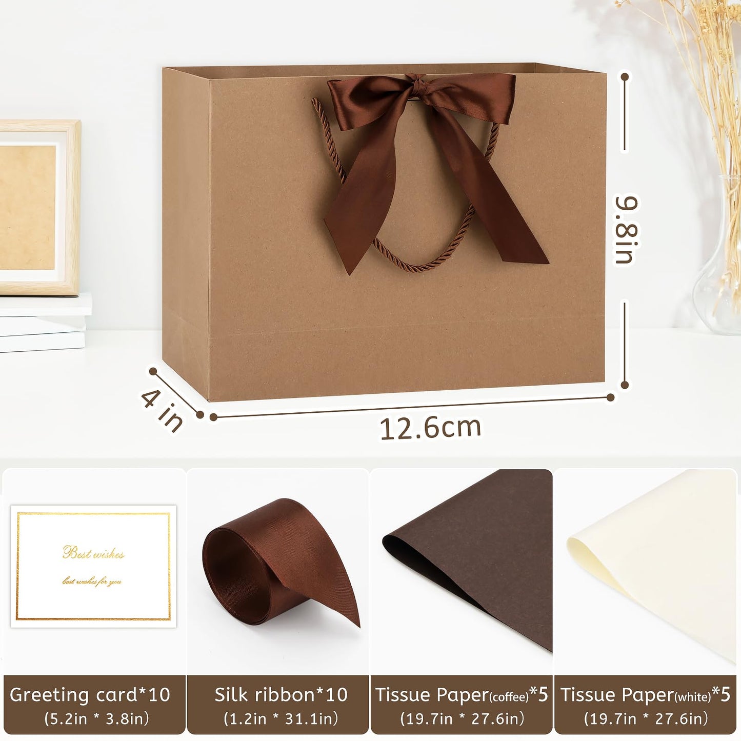 Brown Gift Bags with Handles and Ribbons - 10Pcs Gift Bag with 10 Tissue Paper 10 Greeting Cards, Welcome Gifts Thank You Bags for Birthday, Wedding, Mothers Day, Baby Shower, Bridal Shower, Party (12.6''x9.8''x4'')