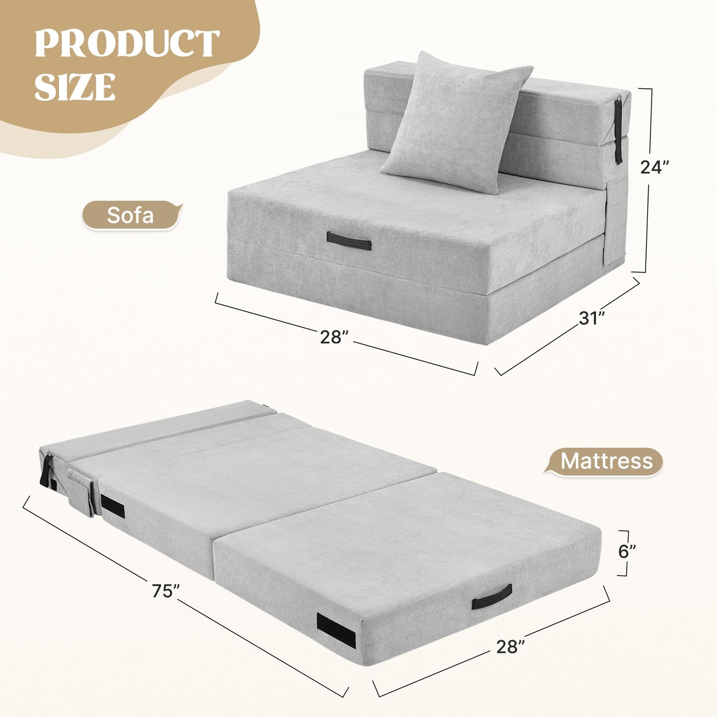 Aivermeil Folding Sofa Bed Couch Futon Sleeper Chair with Pillow, Convertible Futon Couch, Foldable Mattress, Washable Cover, for Living Room/Dorm/Guest Room, Single Size, Light Gray