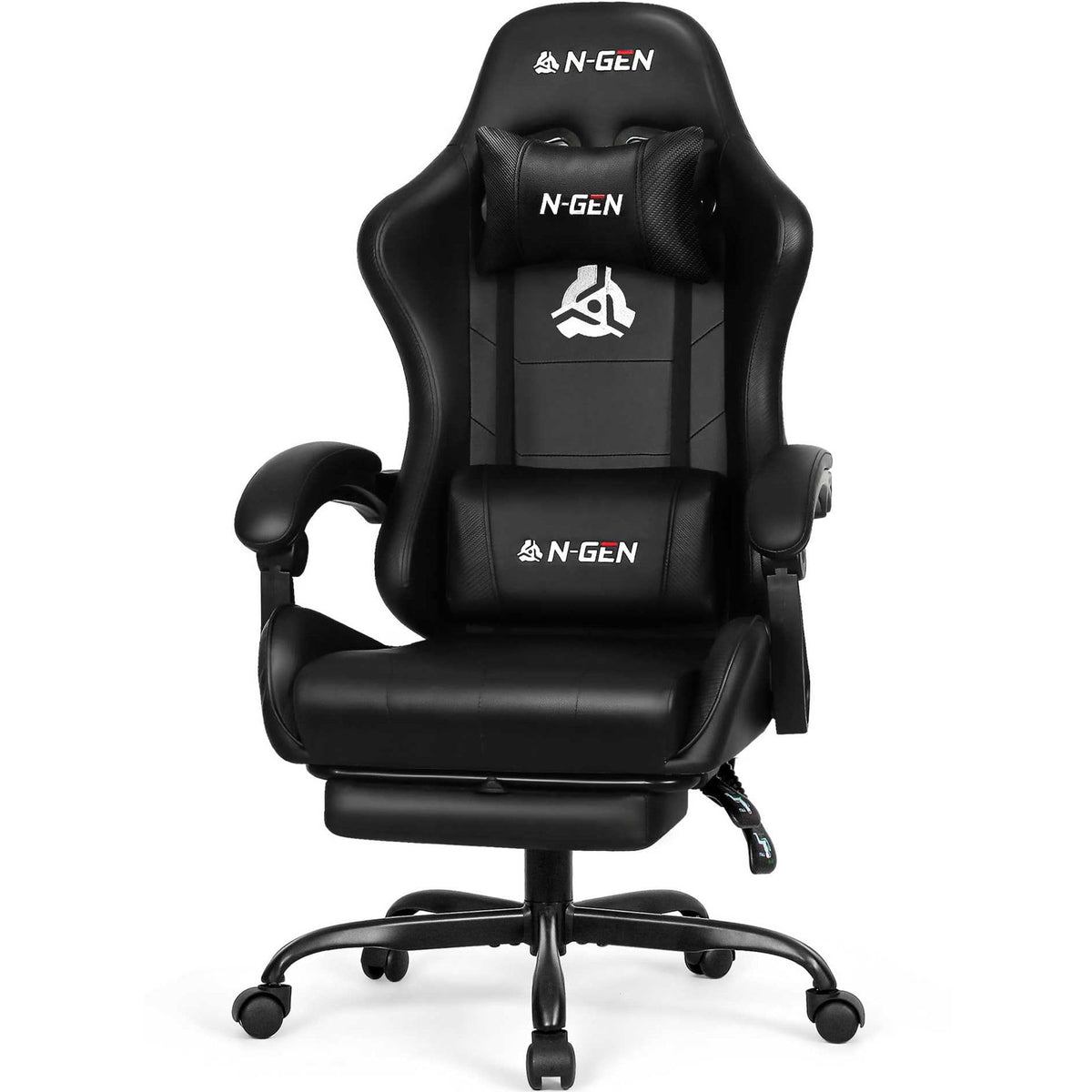 N-GEN GAMING Video Gaming Chair with Footrest Lumbar Support for Home Office High Back Recliner Height Adjustable Ergonomic Comfy Leather Computer Desk Chair (Black)