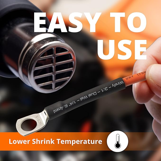 Wirefy 1/4" Heat Shrink Tubing - 4:1 Ratio - Adhesive Lined - Marine Grade Heat Shrink - 50 Feet Roll - Black