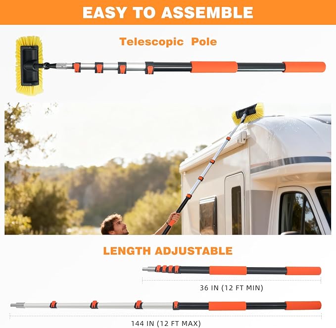 12FT Car Wash Brush with Long Handle Aluminium Telescoping Pole Angle Adapter with 2 Pcs 12" Soft and Hard Bristle Scratch-Free for Cleaning Car Truck RV House Floor Window Roof Solar Panels