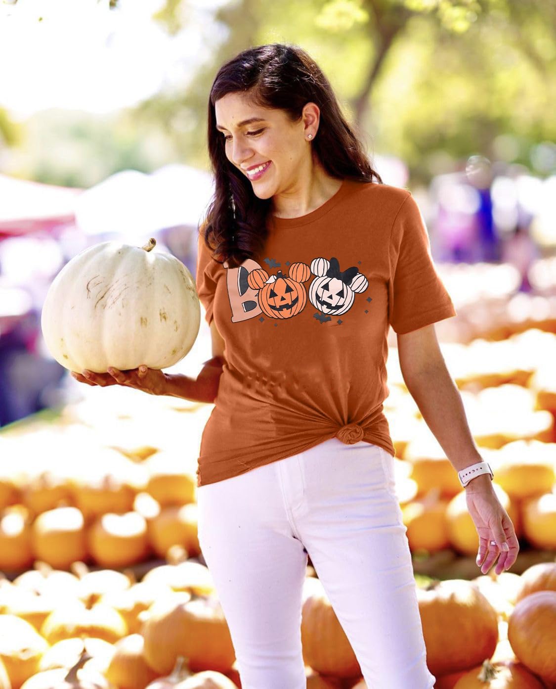 Halloween Shirts for Women Funny Boo Halloween T Shirts Cute Bat Pumpkin Shirt Burnt Orange S