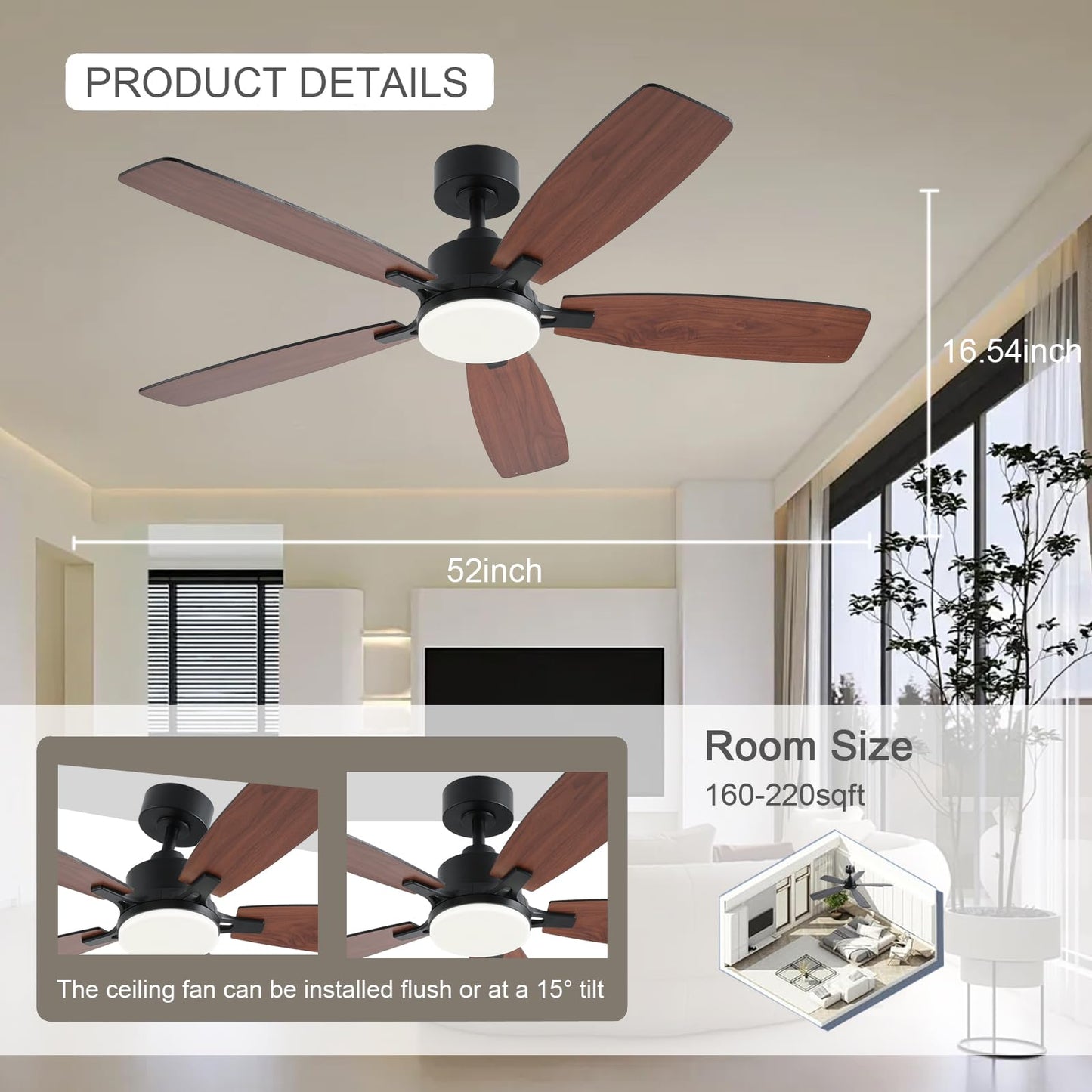 Nkpu 52Inch Ceiling Fans With Lights, Low Profile Ceiling Fan With Light And Remote/App Control, 2 Downrods, Dc Reversible Motor