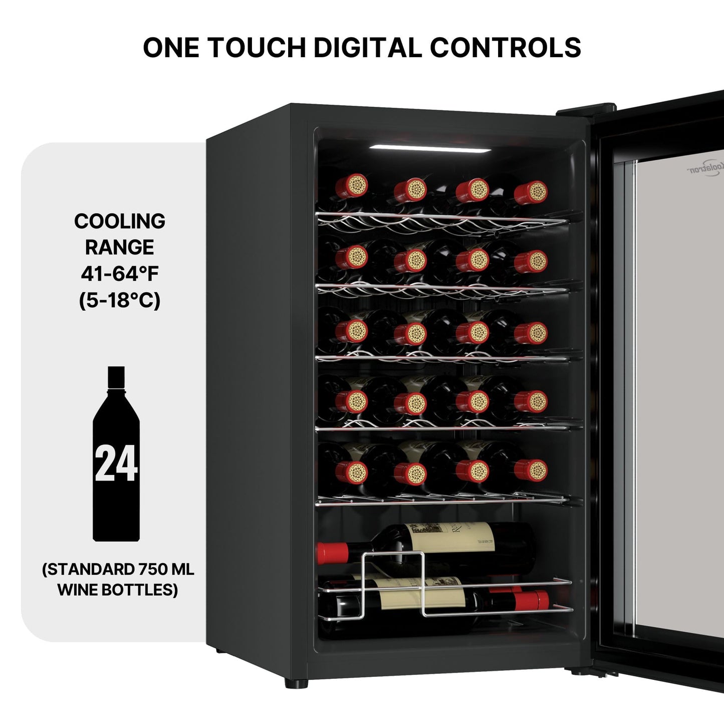 Koolatron 24 Bottle Wine Fridge – Freestanding Wine Cooler with Glass Door, 2.4 cu. ft (68 L), Beverage Can Refrigerator, Digital Temperature Control, Ideal for Red, White, Sparkling Wine, Champagne