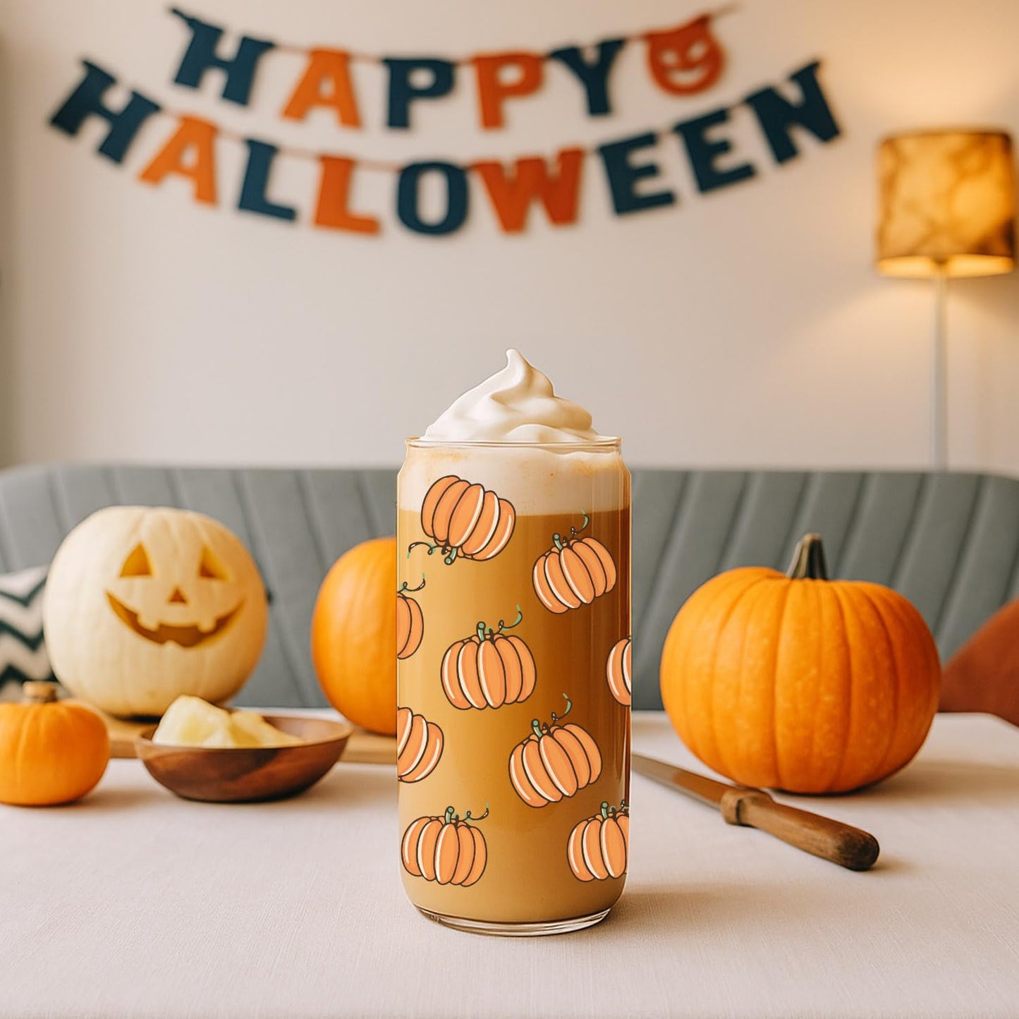 SEWSONG Fall Pumpkin Cup Birthday Gifts for Women Mom Friend Sister,Thanksgiving Glass Tumbler,Pumpkin Mug Glass Cup with Lids and Straws 16oz,Fall Coffee Cups,Halloween Coffee Tumbler