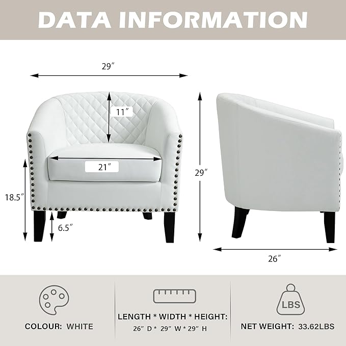 UIXE Faux Leather Barrel Accent Chair Modern Club Arm Chair, Comfy Upholstered Armchair Nailhead Trim Living Room Single Sofa Reading Seat Bedroom Side Sitting for Office Home, White