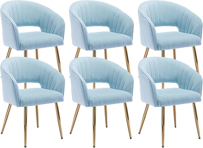 KCC Modern Accent Dining Chairs Set of 6, Velvet Dining Room Chairs with Tufted Hollow Back, Gold Metal Legs, Baby Blue