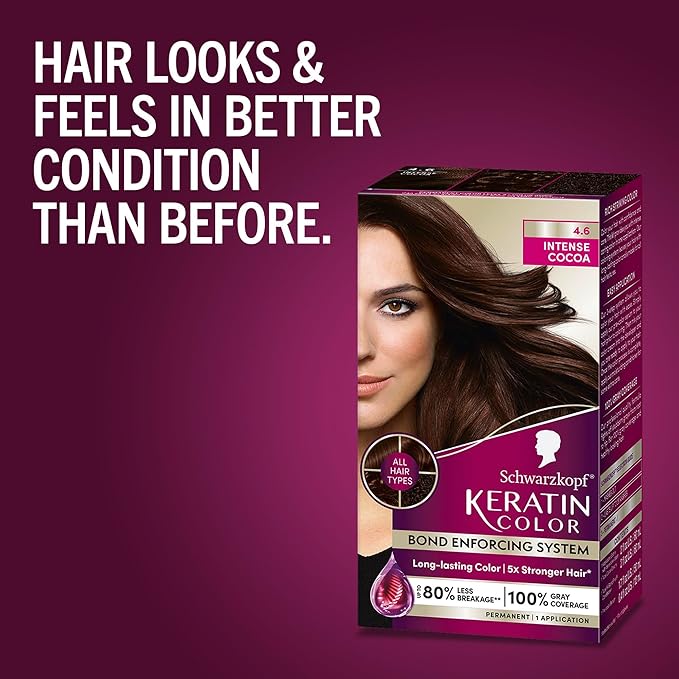 Schwarzkopf Keratin Permanent Hair Dye Cream, 4.6 Intense Cocoa, Professional Quality Color for Up to 100% Gray Coverage, Bond Enforcing System (Pack of 2)