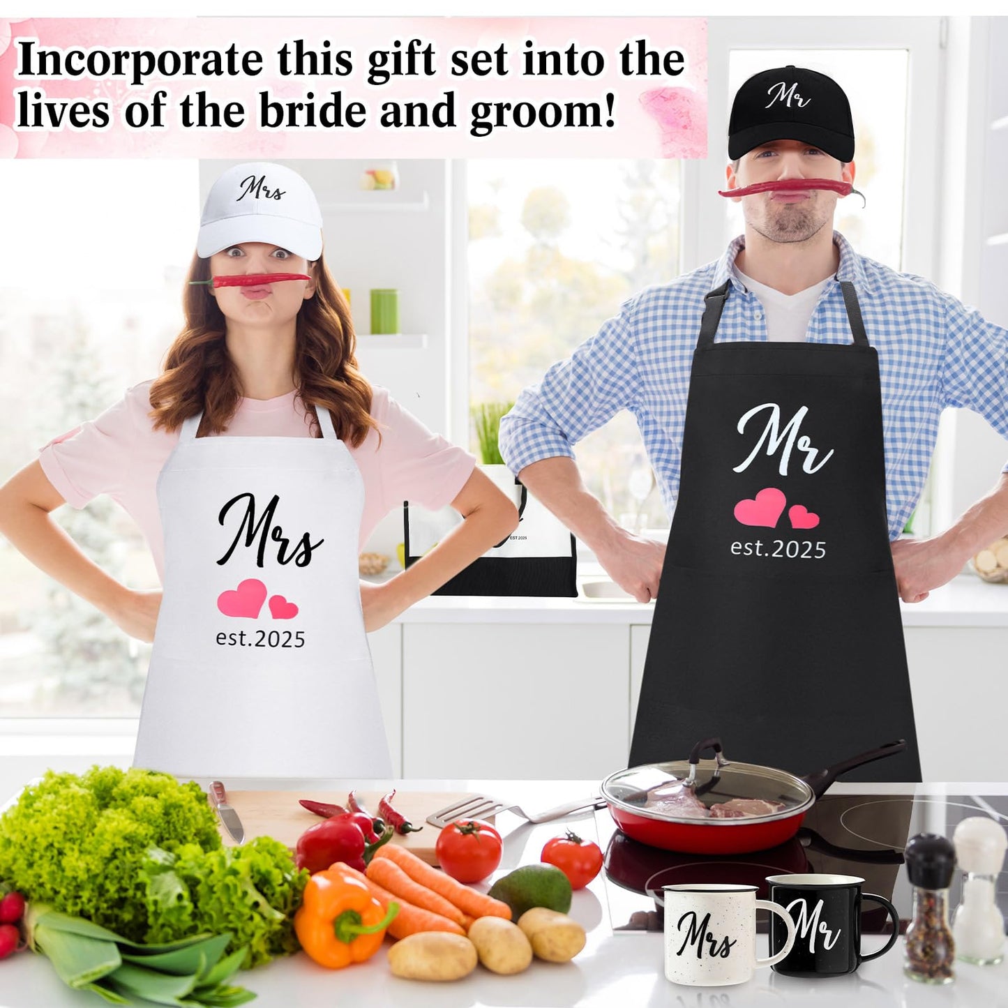 Singhoow 15 Pcs 2025 Wedding Gift Mr and Mrs Gifts for Couples Set, Mr and Mrs Aprons Wedding Honeymoon Bridal Shower Cooking Gifts Ideas for Bride Groom Engagement Anniversary Travel(Bride)