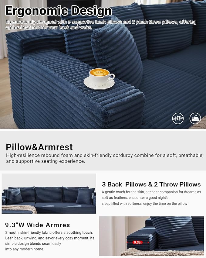 105 Inch Cloud Sectional Couch,Modern Modular Sectional Sofa with Deep Seat,Corduroy Boneless Couches with L-Shape Chaise for Living Room Bedroom,No Assembly Required (Blue, Left Facing Chaise)