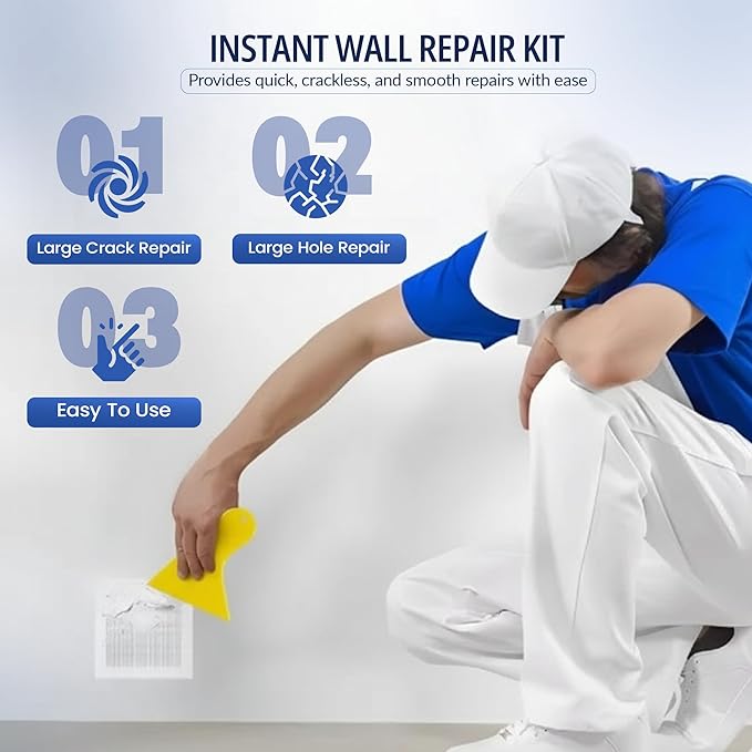 Wall Patch Repair Kit – 4 Self-Adhesive Aluminum Mesh Patches (2 × 4″ + 2 × 6″) with Small & Medium Scrapers & 2 × P180 Sandpapers | Drywall Hole Patch Kit for Sheetrock, Plaster & Ceiling Repair