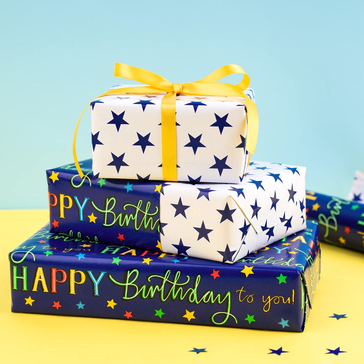 WRAPAHOLIC Jumbo Reversible Birthday Wrapping Paper - 30 Inch x 33 Feet - Colorful Happy Birthday Lettering and Stars Design for Birthday Party, Baby Shower, Holiday