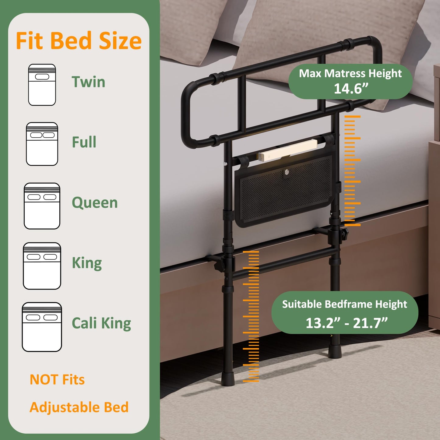 Com MUMU Bed Rails for Elderly Adults Safety - Adjustable Bed Assist Rail Bar for Seniors with Motion Light & Storage Pocket, Side Bed Rail Handle Support Guard Bar Rails for King Queen Full Twin Bed