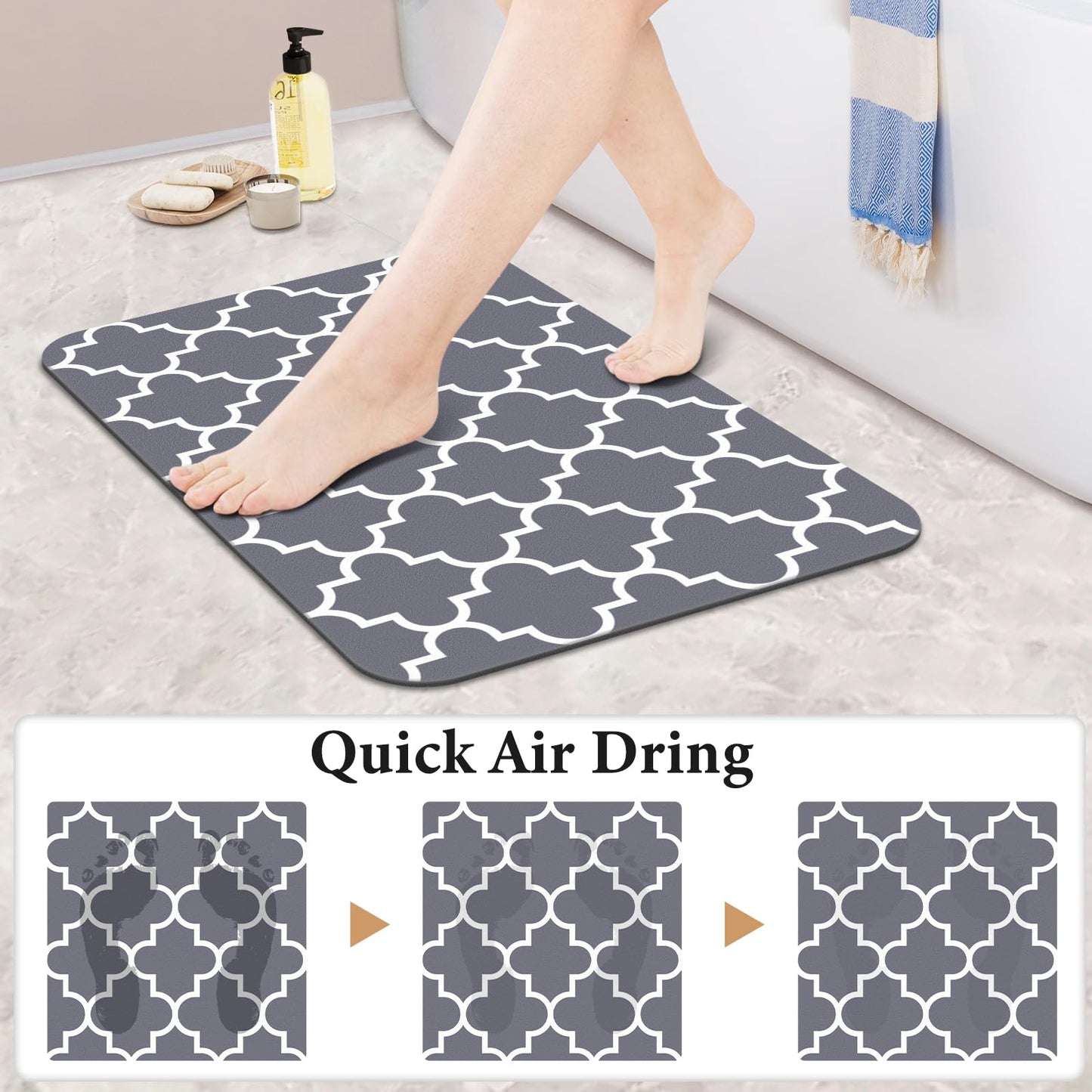 KMAT Bath Mat Super Absorbent Bathroom Rugs Anti-Slip Quick Dry Bath Rug Fits Under Door Washable Bath Rugs for Bathroom Shower Room in Front of Bathtub Sink, Grey 16"x24"