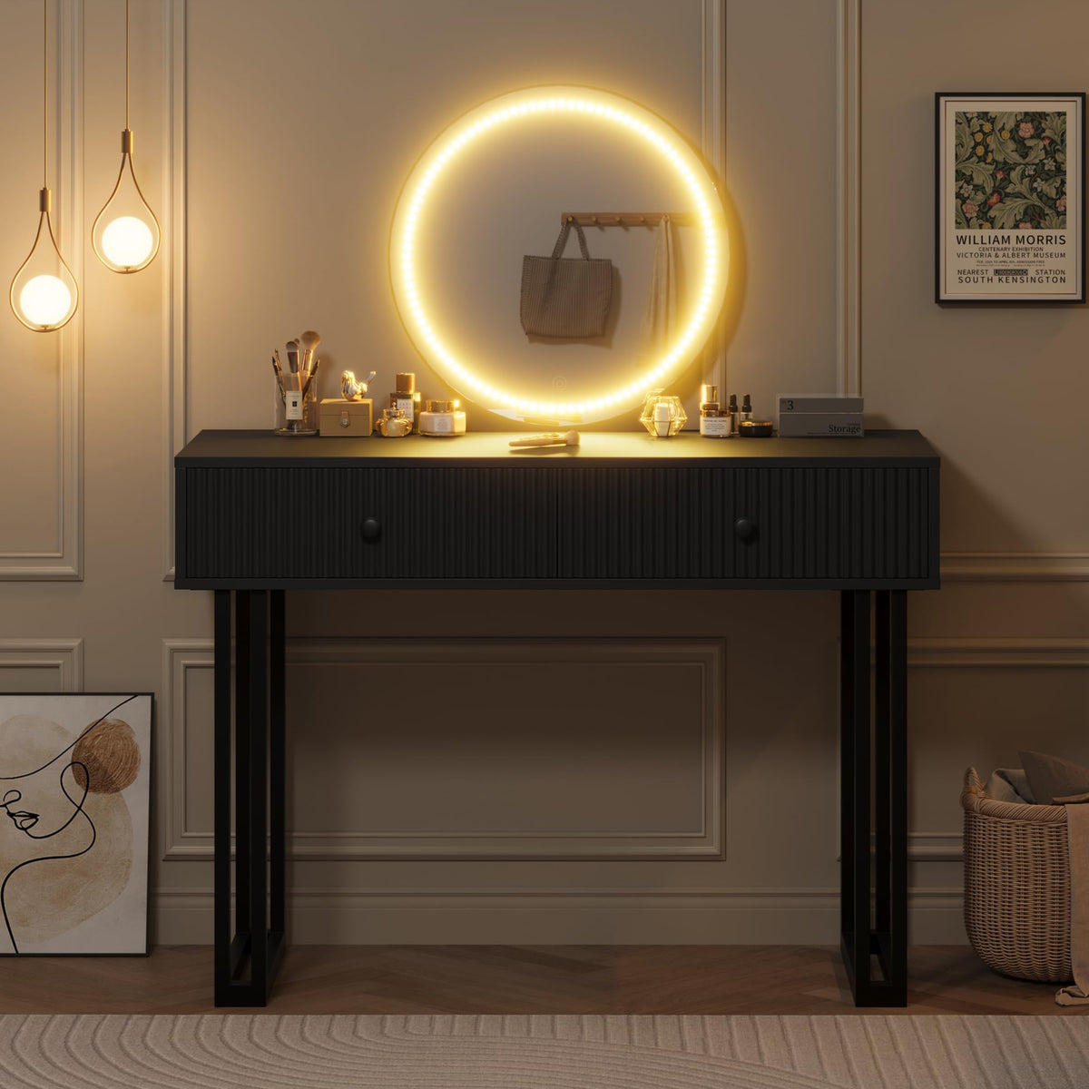 Black Vanity Desk with Mirror and Lights, Small Makeup Vanity with 2 Drawers, Modern Vanity Organizer with 3 Color Lights＆Adjustable Brightness, Dressing Table for Bedroom
