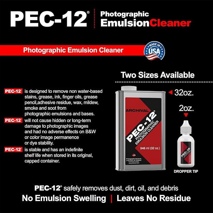 PEC-12 Photographic Emulsion Cleaner - Fluid for Removal of Non-Water Based Stain, Grease & Ink from Emulsions and Bases - Photographers Choice for Cleaning 35mm Film, Photo Negative, B&W Slide with Dropper Tip