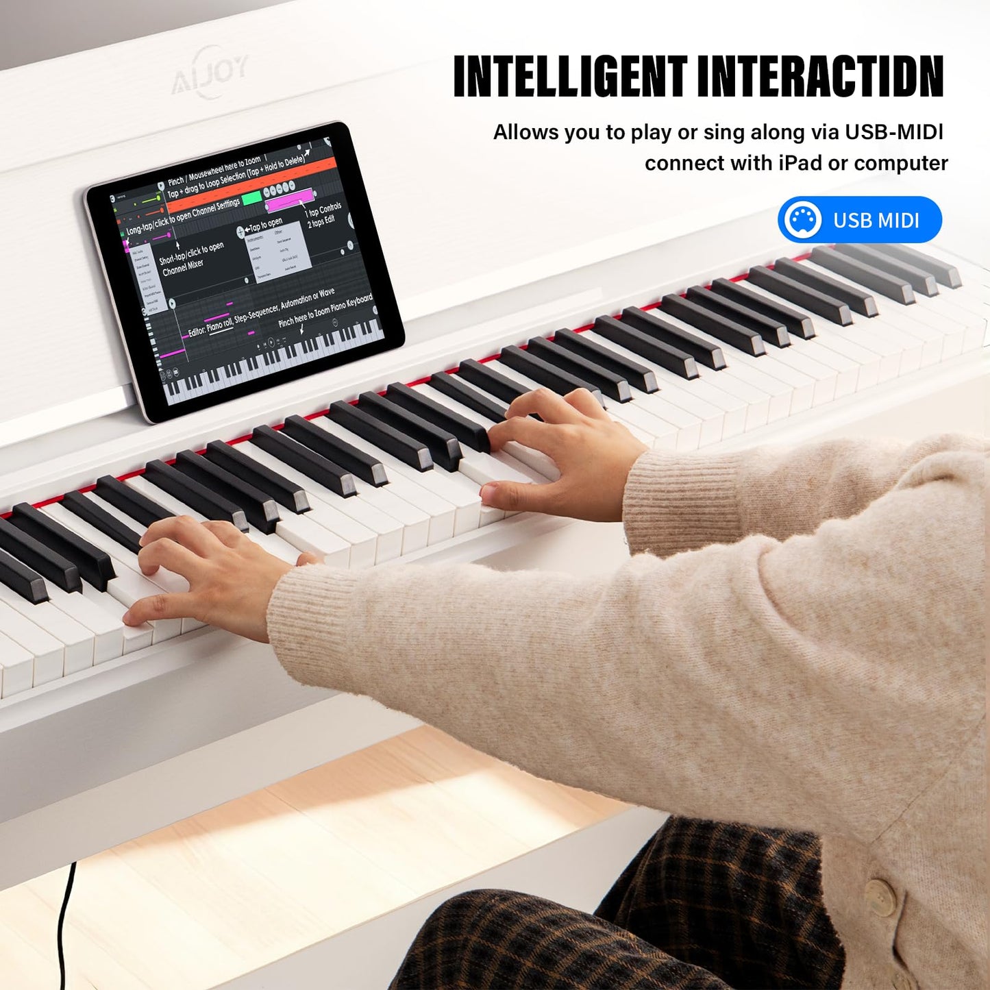 AiJoy 88 Key Weighted Digital Piano Keyboard, Graded Hammer Action Wooden Electric Piano with Cover & Triple Pedal, Sensitive Touch, Support USB MIDI Connect, Recording, Headphone, MP3 Player(White)