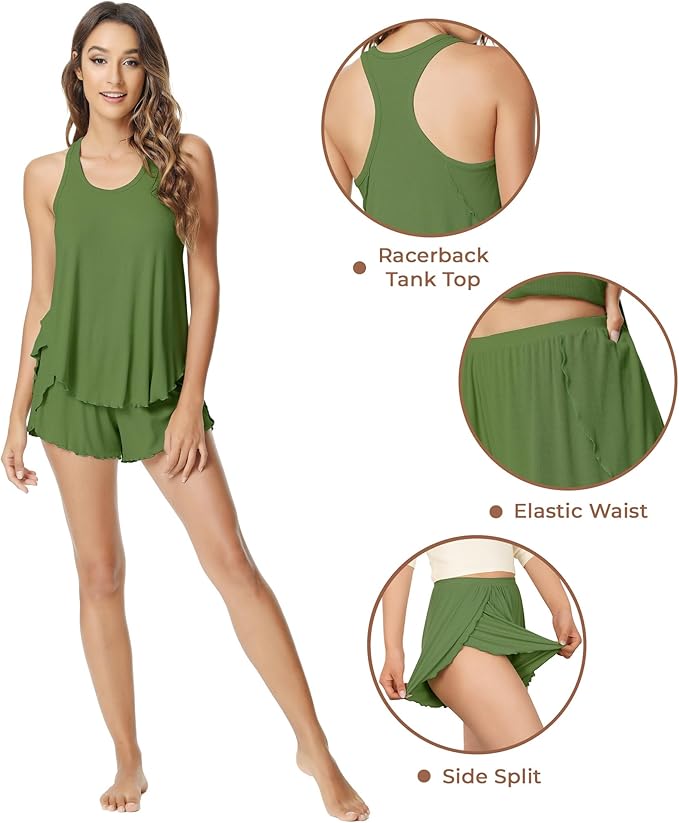 NACHILA Pajamas for Women-Viscose from Bamboo, Ribbed Racerback Tank Top Sexy Split Shorts Pajama Sets Cooling Sleep Cami Pjs
