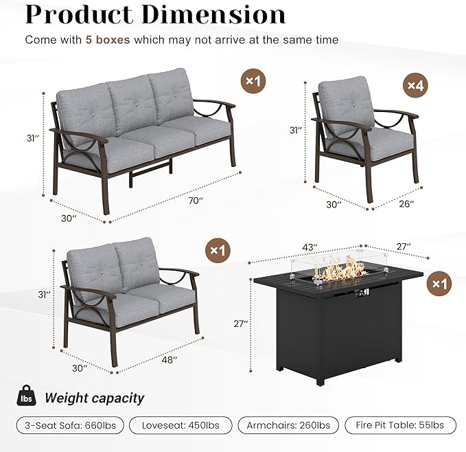 FansaFurn 7-Pieces Outdoor Patio Furniture Set with 43" Fire Pit Table, Metal Outdoor Sectional Furniture with Cushions, Outdoor Conversation Set for Garden, Balcony, Deck, Backyard, Grey