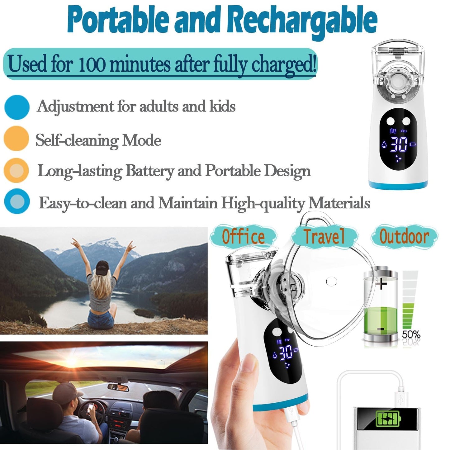 Smart Rechargeable Portable Nebulizer with LCD Screen – Compact, Powerful & Ideal for On-The-Go, Home & Travel Use, Innovative Nebulizer for Enhanced Breathing