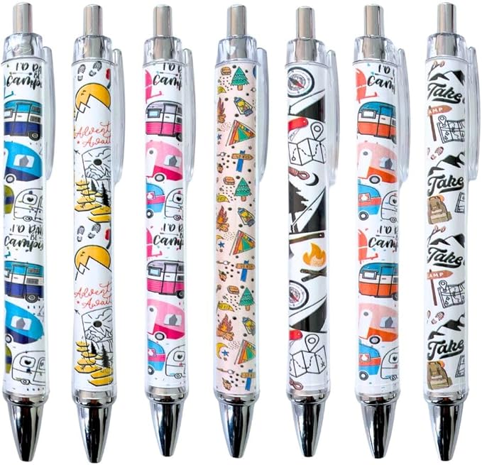 Camping Pens 7PC – Cool Vintage Camper Black Ballpoint Aesthetic Outdoor Activities Fun Writing Tools Men Women Students P...
