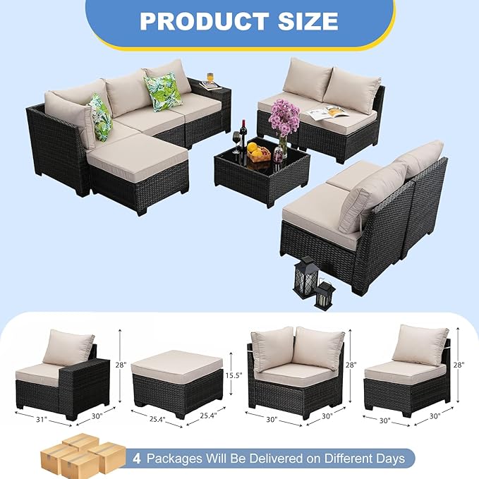SunloungeCo 9 Pieces Outdoor Patio Furniture Set, Wicker Conversation Sets with Tea Table, Rattan Patio Sofa with Thick Cushions for Garden, Backyard Porch, Poolside,Beige