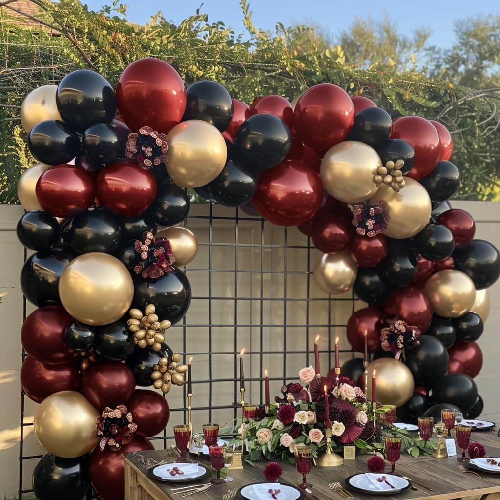 Burgundy Black Gold Balloon Garland - Double Stuffed Dark Red Gold Balloons Maroon Black Balloon Arch Kit for Birthday Graduation Valentine Ceremony Prom Party Decoration