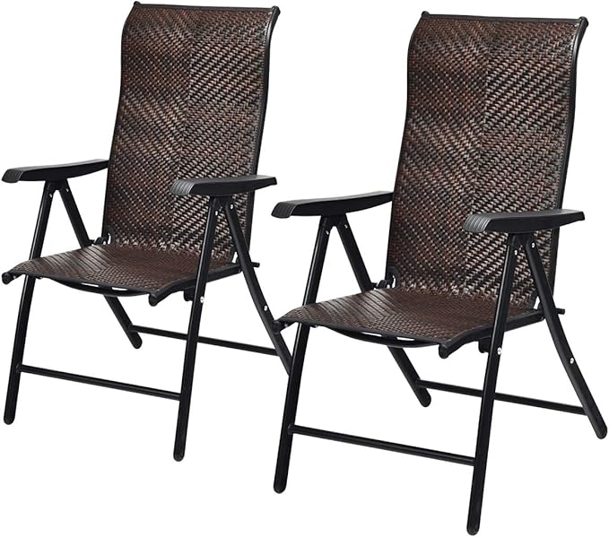 Tangkula 2 Piece Patio Rattan Folding Reclining Chair, Outdoor Wicker Portable Camping Chair with Widened Armrest, Foldabl...