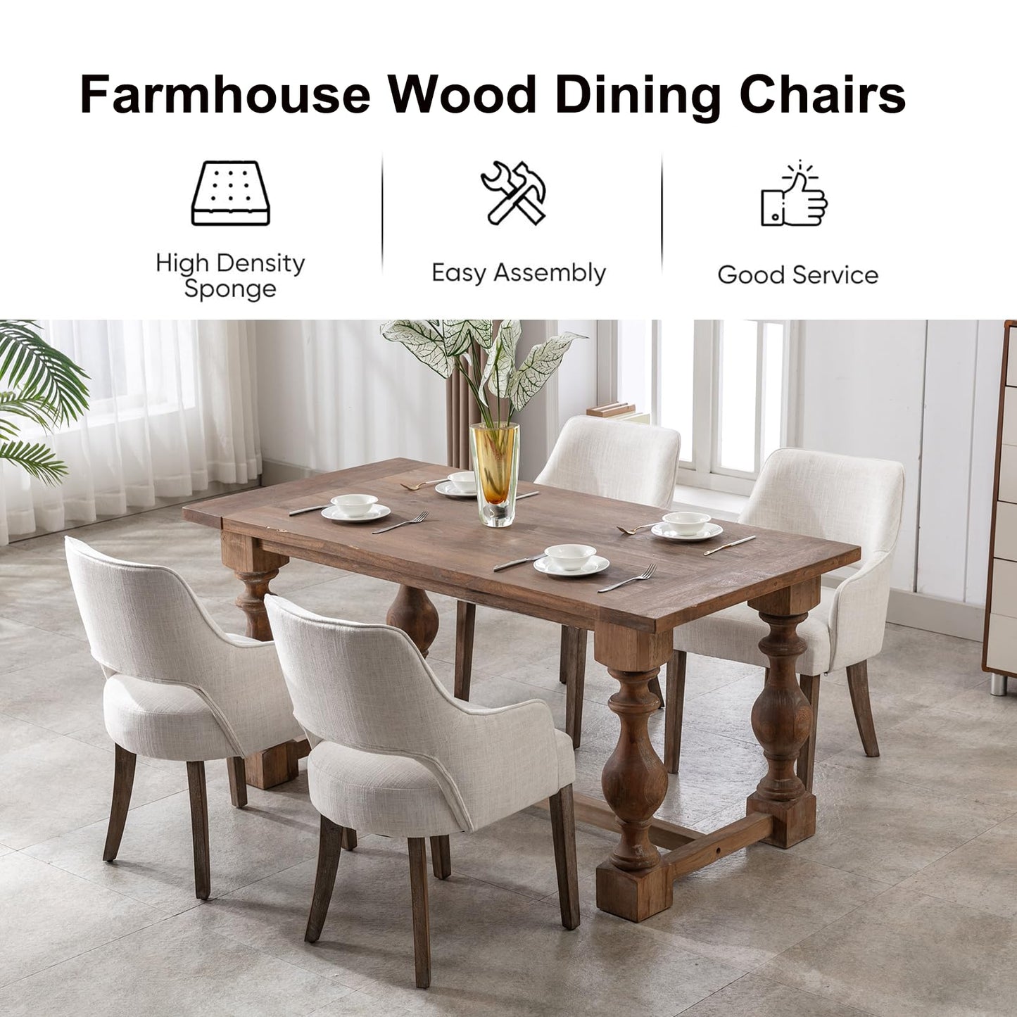 Kmax Linen Fabric Dining Chairs Set of 4 Upholstered Side Chairs Farmhouse Accent Chairs with Open Back Wood Legs for Dining Room Guest Room Restaurant, Cream(Wider Seats)