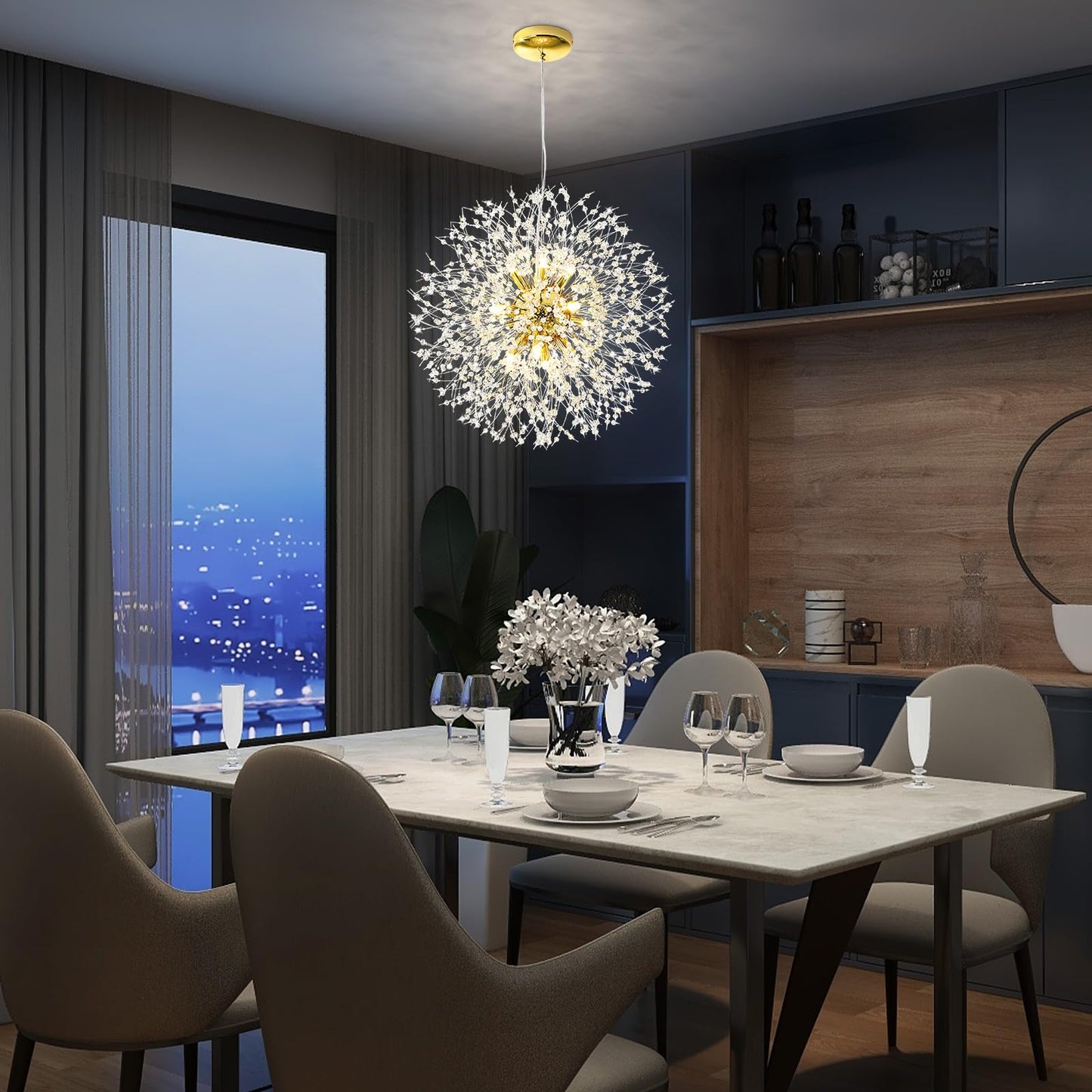 Qamra Modern Crystal Gold Chandeliers, Firework Dandelion Sputnik Chandelier Light Fixture Pendant Lighting for Dining Room, Bedroom, Kitchen, Living Room(12-Light, Gold)