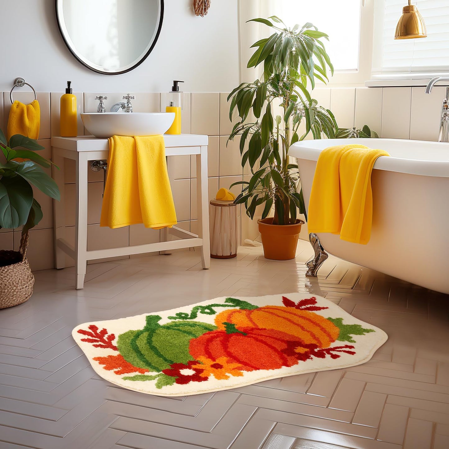 Percozzi Fall Pumpkin Bathroom Rug, Bath Mat Water Absorbent Non-Slip Washable for Shower Tub Bedside Floor Small Tufted Carpet Halloween Thanksgiving Accent Area Rug Decoration