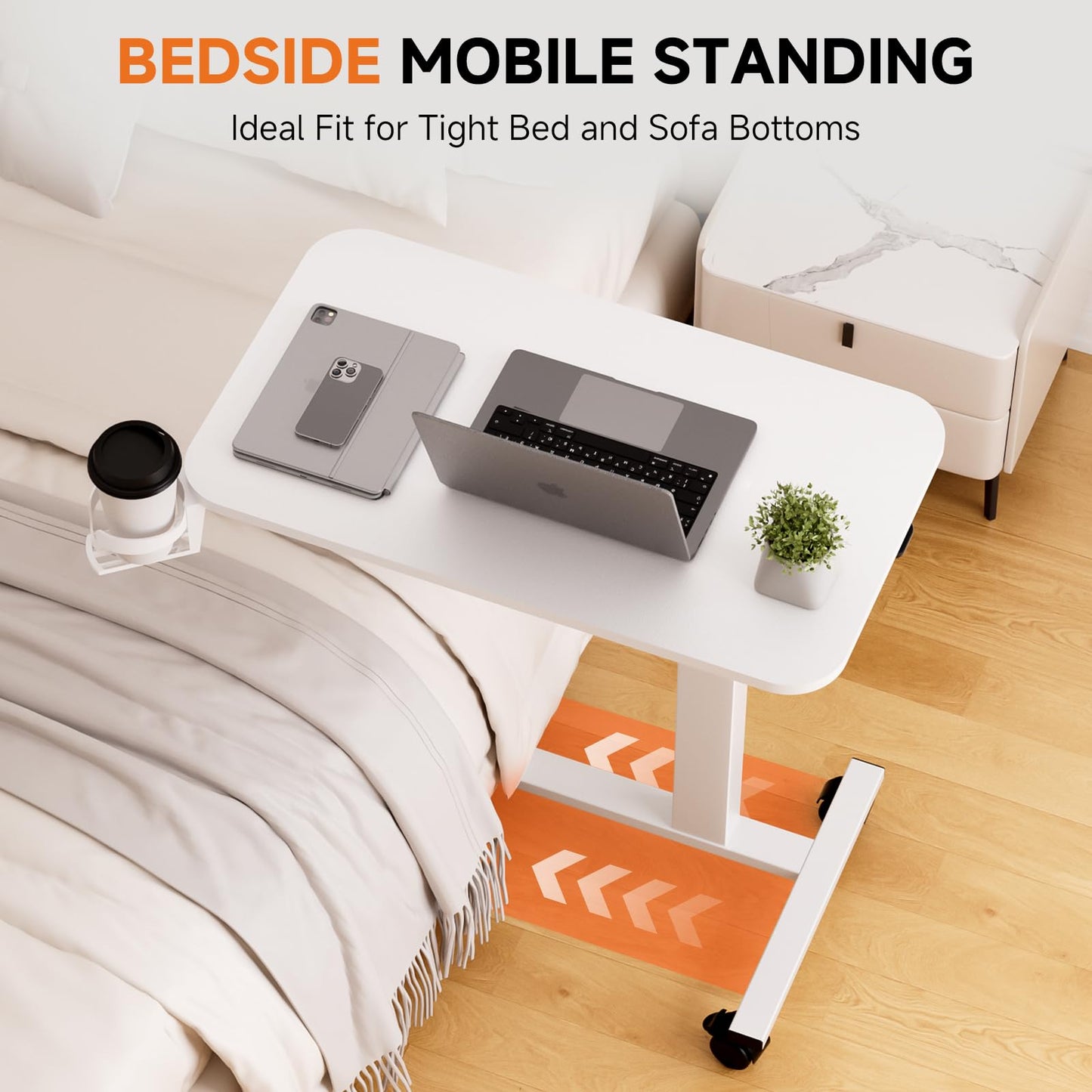 COMHOMA Adjustable Overbed Bedside Table with Lockable Wheels, Pneumatic Mobile Standing Laptop Desk, Small Standing Desk Portable Rolling Overbed Table Hospital Home Use(28" W x 16" D, White)