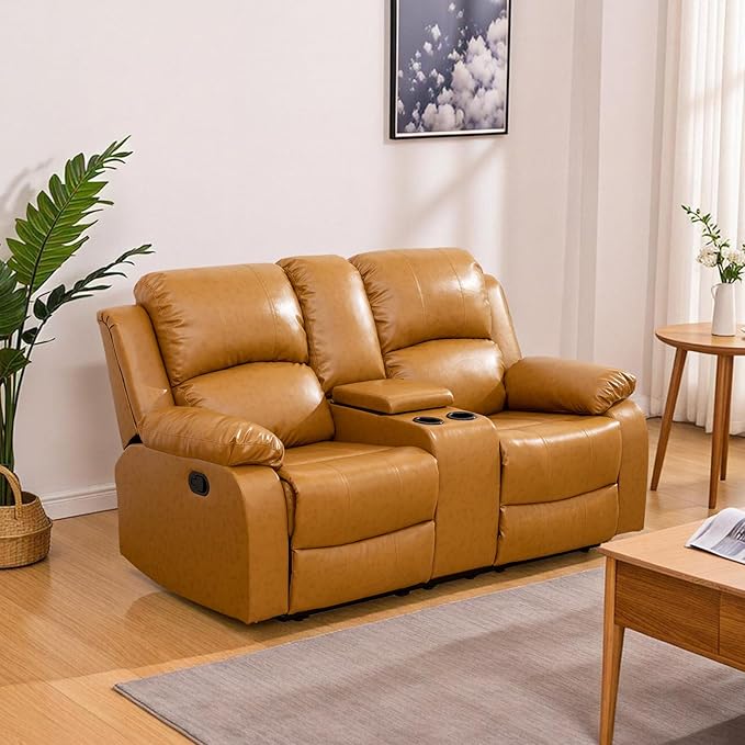 JBXBER Manual Recliner Sofa Set for Living Room, Leather Reclining Sofa Sets, Faux Leather Couch Set with Cup Holders, Drop-Down Table and Storage Console(Loveseat,Ginger)