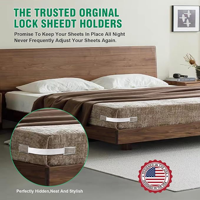 Bed Sheet Holders for Corners, 4Pcs Heavy Duty Fitted Sheet Holder with Lock Fastener Straps &Anti-Slip Pads Keep Sheets Firm&Tight, No More Loose Sheets, Easy Installation for Any Mattress (Beige)