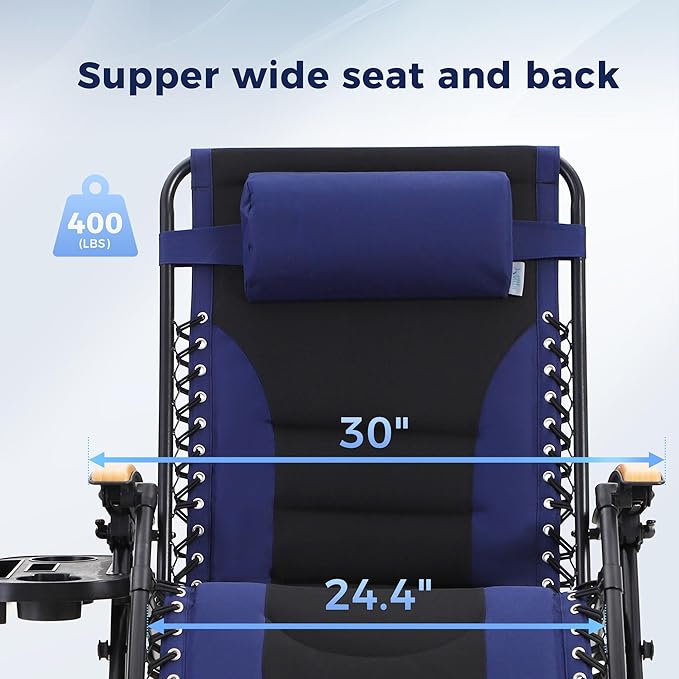 MAISON ARTS Oversized XXL Zero Gravity Chair, 30" Wide Seat Padded Foldable Recliner, Anti Gravity Outdoor Lawn Chair for Poolside/Backyard/Beach, Supports 400lbs, Blue