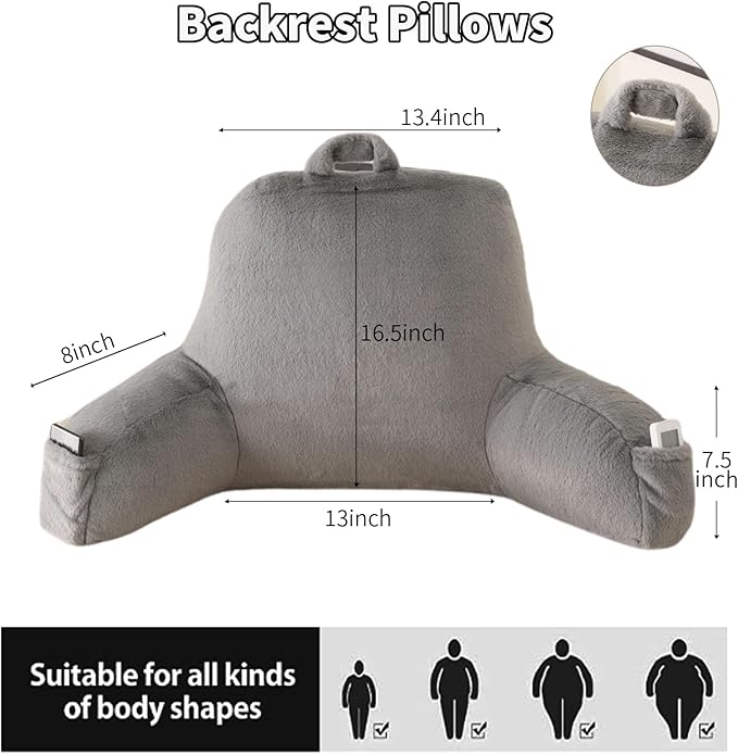 PAJEO Reading Pillow for Sitting in Bed, Large Backrest Reading Pillow with Arm Rest,Back-Rest Support Cushion for Sit Up on Couch, Sofa, and Floor, Dorm Essentials (Gray Faux Fur, Standard(17"))