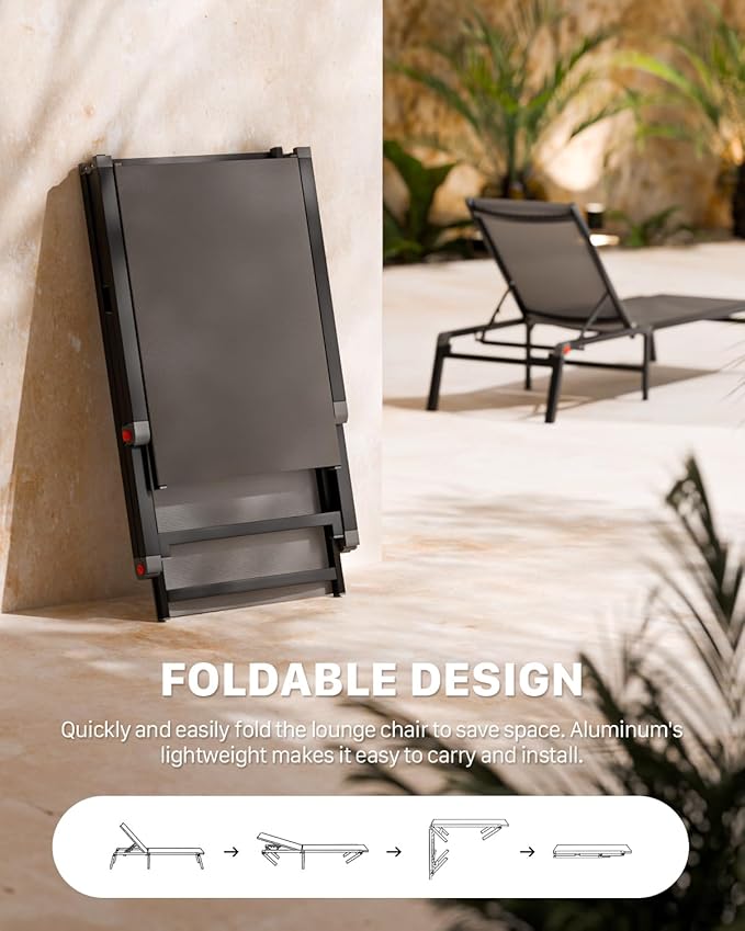 Aluminum Chaise Foldable Patio Lounge Chair Outdoor, Metal Deck Lounger Adjustable 5-Position Recliner Pool Chase Breathable Full Flat Outside Sun Tanning Chairs for Beach/Poolside/Lawn(Grey, 2 Pack)