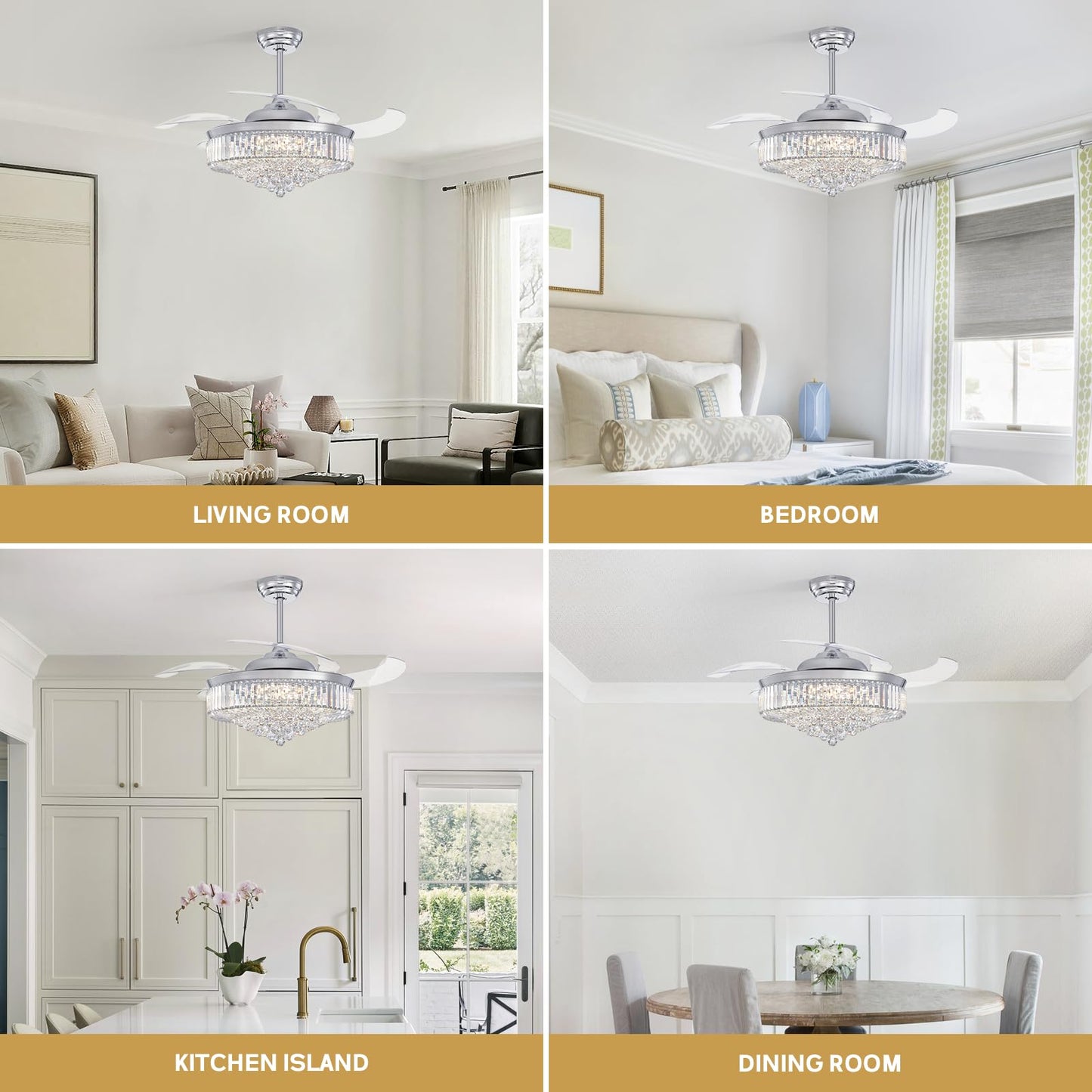 MOOONICHE 52 Inch Fandelier Ceiling Fan with Lights and Remote, Dimmable Crystal Chandelier Fan, LED Crystal Fan Light Kit for Dining Room Bedroom-Chrome