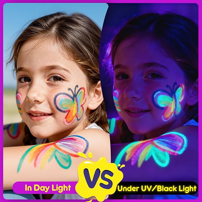 UV Face Paint Sticks Glow in the Dark under Black Light, 10 Colors Neon Body Face Paint Crayons for Kids Adults, Washable Mess-Free for Glow Party Supplies Cosplay Halloween Makeup