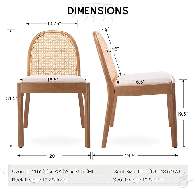 HEAH-YO Rattan Dining Chairs Set of 2, Upholstered Linen Dining Room Chairs with Backrests, Modern Kitchen Chairs with Wood Legs for Dining Room, Beige