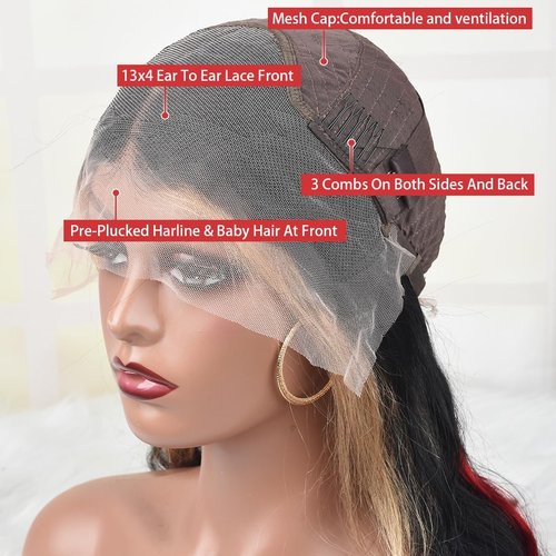 abgese Red Blonde Highlight Wig Human Hair Body Wave Lace Front Wigs Human Hair Pre Plucked 180% Density Blonde Red Highlights 13X4 Transparent Glueless Colored Wig Human Hair for Women 16 Inch