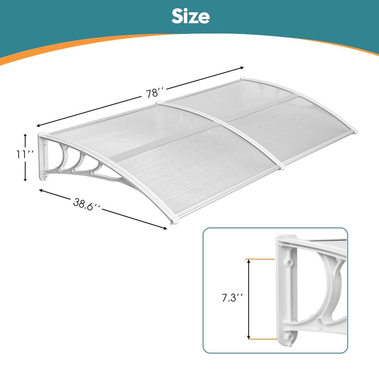 MCombo 39 x 78 inch Window Awning Outdoor Polycarbonate Front Door Patio Cover Garden Canopy 6055-4080 (40"×80") (Solid White Bracket/Clear Board)