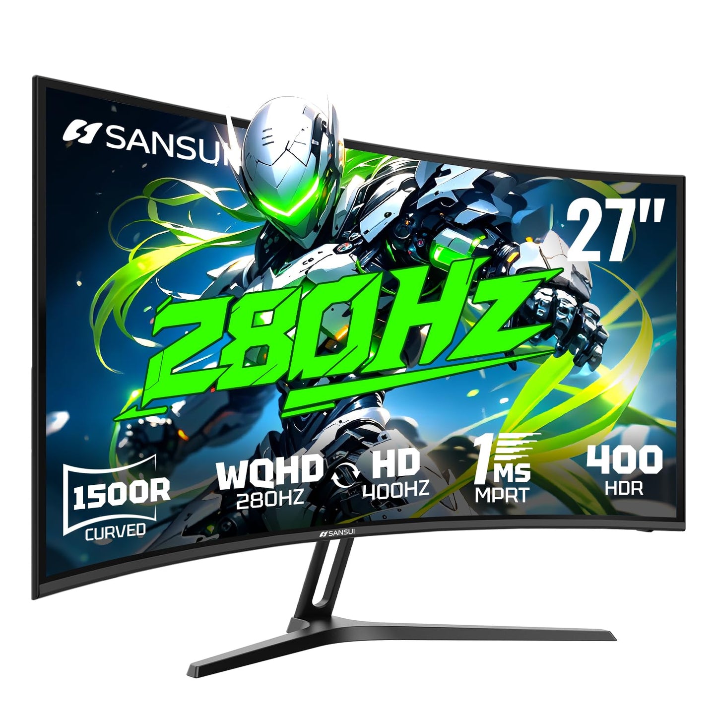 SANSUI 27 Inch 280Hz Curved Gaming Monitor,WQHD 280Hz / HD 400Hz Dual Mode,1500R Curved Computer Monitor, HDR400 135% sRGB 5000:1 Contrast Ratio, PIP/PBP,OD 1ms AI Crosshair,HDMI2.1 * 2, DP1.4,VESA